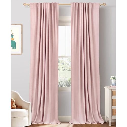 100% Blackout Shield Linen Blackout Curtains for Bedroom 84 Inches Long, Back Tab/Rod Pocket Living Room Drapes, Thermal Insulated Blackout Curtains 2 Panels Set, 50" W x 84" L, Blush Pink
