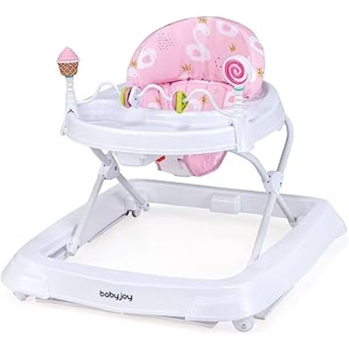BABY JOY Baby Walker, Foldable Activity Walker with Adjustable Height, Large Tray & Removable Toys, Baby Walker with Wheels for Boys Girls 6-18 Months (Pink, Swan Pattern)