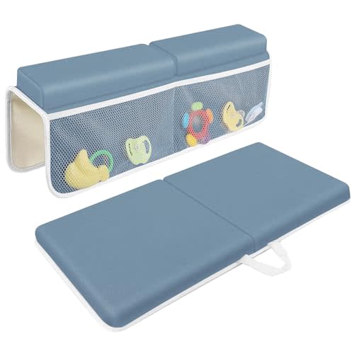 JJGoo Bath Kneeler with Elbow Rest Pad Set, 1.5 inch Kneeling Pad Mat for Bathtub Baby Bathing Parents, Painless Foam Mat with Toy Organizer Pockets, Non-Slip for Baby and Toddler Bathing