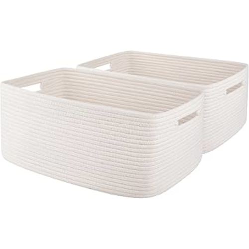 OIAHOMY Storage Basket for Shelves, Closet Cube Storage Bins Baskets for Clothes Blanket Towels, Baby Nursery, Toy Baskets Box, Woven Rope Basket, 17.72*12.99*7.87 IN, 2 Packs White