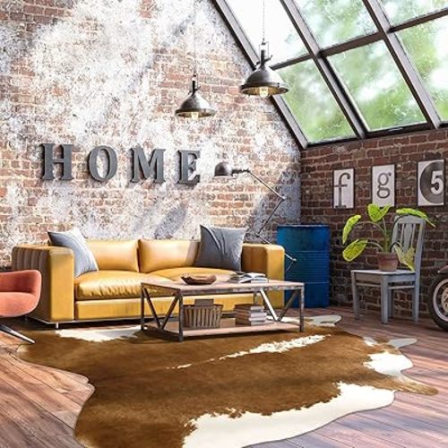 BENRON Premium Cowhide Rug Large, Faux Cow Hide Rugs for Living Room Bedroom Western Home Decor, Non Slip Cute Rug with Irregular Animal Skins and Hides, Khaki Brown, 7.8 x 9.5ft