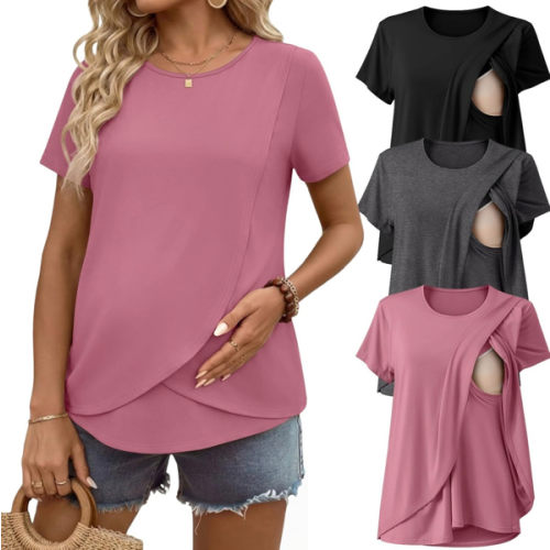 Ekouaer Nursing Shirts 3 Packs Short Sleeve Breastfeeding Tops Summer Maternity T Shirts Postpartum Double Layer Clothes