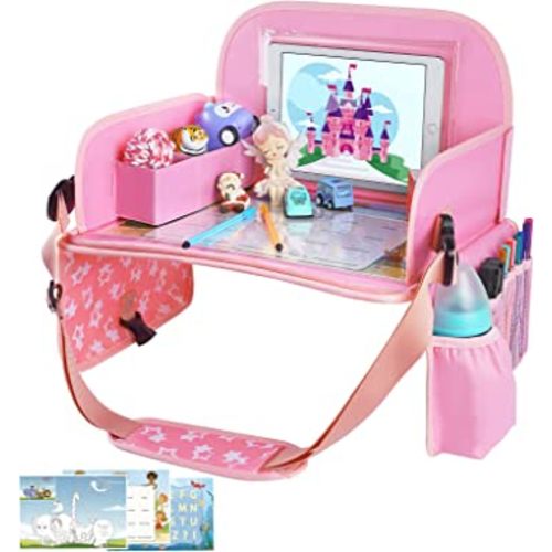 MENZOKE Kids Travel Tray for Toddler Car Seat, Toddler Gift for Girl Activities with iPad Holder Stand & Dry Erase Board, Road Trip Essentials Accessories Lap Tray for Girl as Birthday Gift, Pink