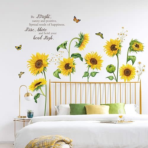 decalmile Sunflower Wall Decals Garden Flowers Butterfly Wall Stickers Bedroom Living Room TV Wall Art Decor