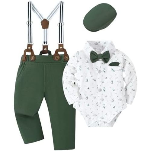 YALLET Baby Boy Outfits Suits Infant Formal Dress Clothes Gentleman Wedding Print Shirt+Beret Hat+Suspender Pants+Bowtie