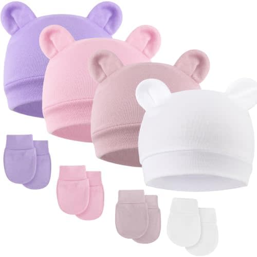 BQUBO Newborn Baby Bear Ears Hats and Mittens Sets Preemie Cotton Caps Baby Boy Girl Infant Hospital Beanie