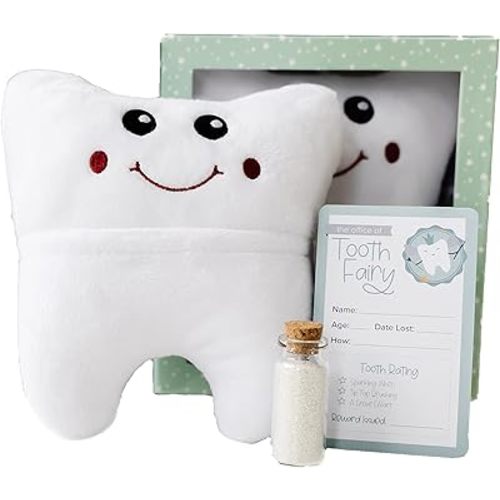 Tooth Fairy Pillow with Receipts and Magic Fairy Glitter for Boys and Girls, 3 Piece Set with Hanging Option, Toothfairy Kit Keepsake Gift