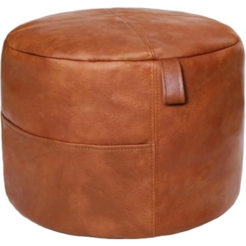 Thgonwid Unstuffed Faux Leather Pouf Cover, Handmade Footstool Ottoman Storage Solution, Floor Footrest Cushion, 16.5”Dx12”H, (Pocket-Handle) Amaretto