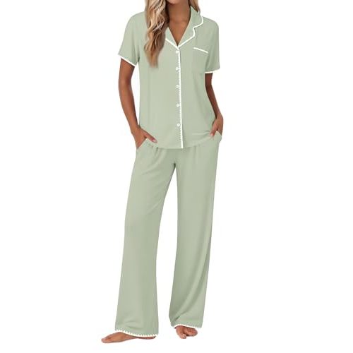 Ekouaer Pajamas for Women Set Button Up Soft Pjs Short Sleeve Lounge Sets | Cute Scalloped Trim, Notch Collar, Side Pockets, Soft Breathable Fabric,Ideal for Daily Wear, Maternity, Postpartum