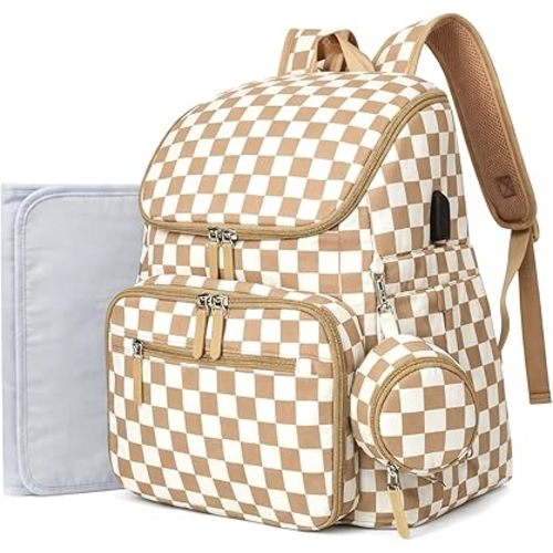 FHELAD Checkered Diaper Bag Backpack with Changing Pad & Stroller Clips, Large Travel Baby Diaper Bag for Newborn Moms (Light Brown)