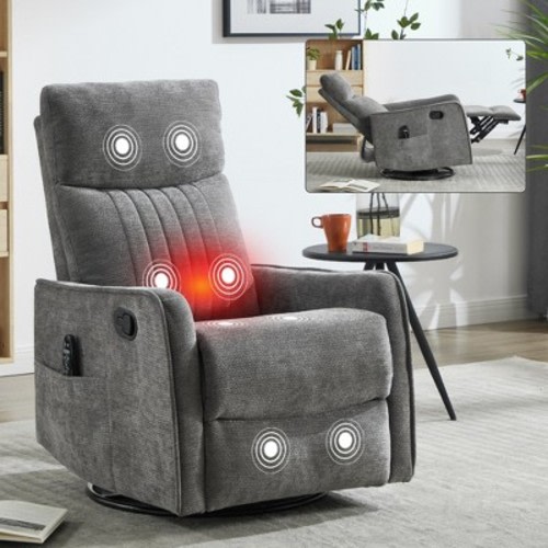KTMBDW Massage Swivel Rocker Recliner with Heat and Vibration, Soft Manual Recliner Chair, Comfy Chenille Fabric Heated Recliner, Dark Gray