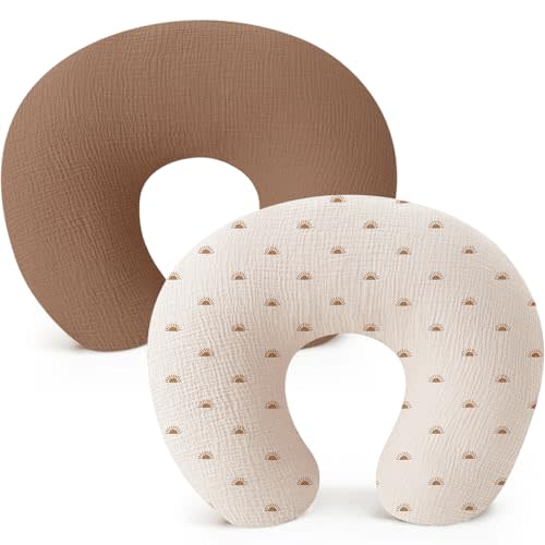 Konssy Muslin Nursing Pillow Covers, Soft and Cute Nursing Covers for Breastfeeding Pillows, Ideal for Newborn Baby Boys and Girls (Coffee, Sun) - 2 Pack