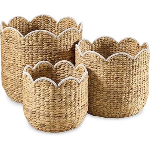Best Choice Products 3pc Water Hyacinth Scalloped Multipurpose Nesting Baskets, Storage Bin Organization Totes for Living Room, Bedroom, Nursery, Laundry Room - Natural w/White Trim