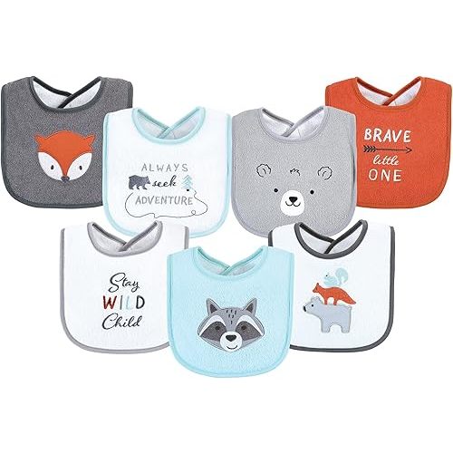 Hudson Baby Unisex Baby Cotton Terry Drooler Bibs with Fiber Filling, Boy Gray Woodland, One Size