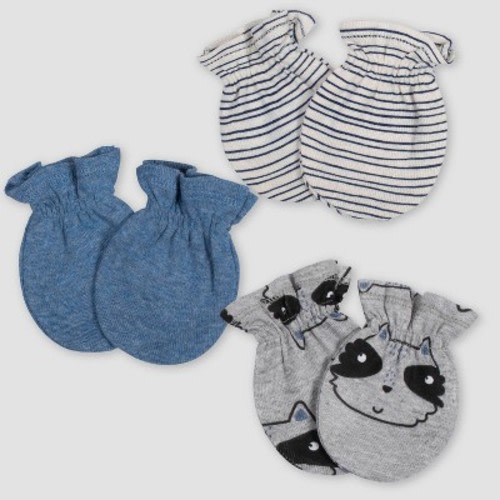 Gerber Baby Boys' 3pk Raccoon Mittens - Blue/Gray 0-3M