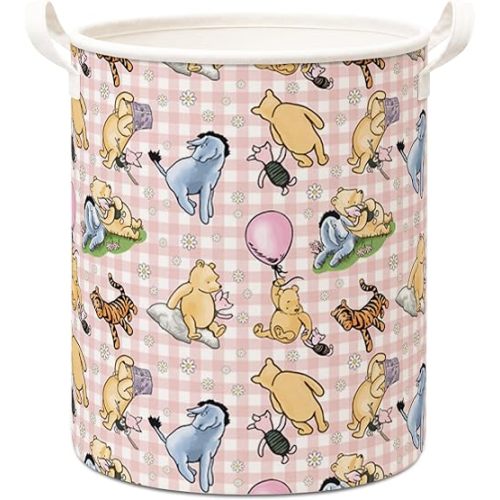 Classic Bear Storage Basket, Pink Checkered Foldable Canvas Laundry Basket With Waterproof PE Coating, Kids Room Nursery Bathroom And Bedroom Supplies & Accessories - A27