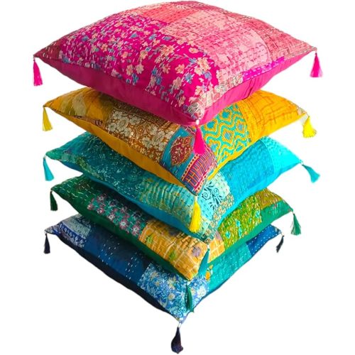 Set Of 5 Boho Throw Pillow Covers - Silk Decorative Cushions For Sofa, Couch, And Bed – Bohemian, Indian & Moroccan Inspired Home DéCor For Living Room (Silk Patch Cushion Cover, 18X18 Inches)