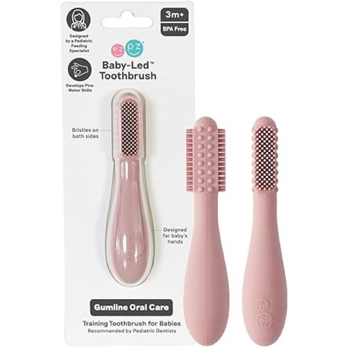 ezpz Baby-Led Toothbrush + Tongue Depressor Dual Pack (Blush) - 100% Silicone Toothbrush + Silicone/Stainless Steel Tongue Depressor - Helps Set-up Infants for a Healthy Oral Care Routine