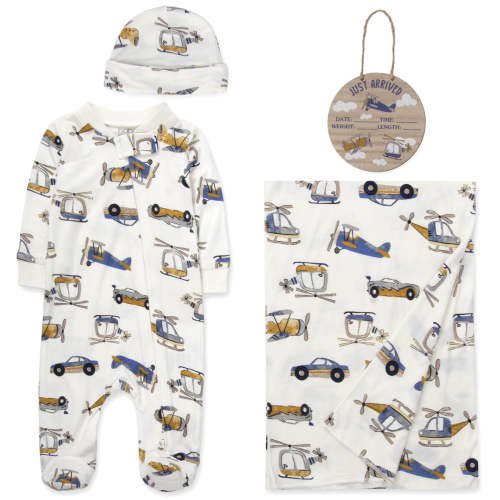 Baby Essentials 3 Months Newborn Boys Romper Footie Gift Set with Hat, Blanket & Wooden "Just Arrived" Announcement Sign in Aviator Airplanes