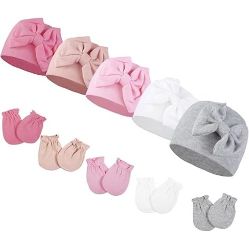 Newborn Baby Girls Hats and Mittens Sets, Infant Beanie Caps with Big Bows No Scratch Mittens,Toddler Hospital Hats Cotton Gloves for Baby Girls 0-6 Months