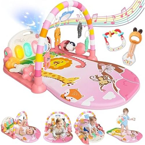 Baby Play Mat with Kick and Play Piano Gym, Funny Tummy Time Mat with Music and Lights, Baby Gyms & Playmats with 5 Infant Sensory Toys, Newborn Boy & Girl Gifts for 0 to 3 6 9 12 Months (Pink)