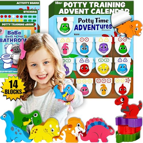 Potty Time Adventures, Potty Training System, Dinosaurs | 14 Wooden Stacking Blocks, Montessori Toys, Daily Reveals, Activity Board, Stickers, Non Toxic, For Toddlers Ages 18 Months+
