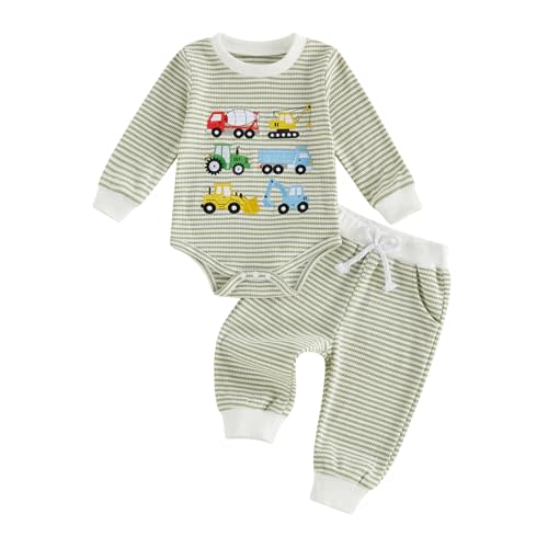 Baby Boy fall Clothes 3 6 12 18 Months Winter Outfit Waffle Truck Embroidery Long Sleeve Romper and Pants Sets