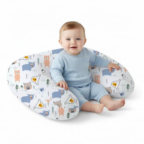 Little Grape Land Nursing Pillow,Upgraded Breast Feeding Pillow for Mom,Breastfeeding & Bottle Feeding for 0–18 Months, Soft Machine Washable Cover with Firm Breathable Filling for Tummy Time, Bear