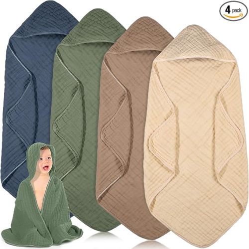 Peryiter 4 Pcs Baby Towels Cotton Muslin Hooded Baby Towels for Newborn Infant Toddler Large 32 x 32 Inch Soft Absorbent Blankets Bath Essentials Registry Gifts for Girl Boy (Green)