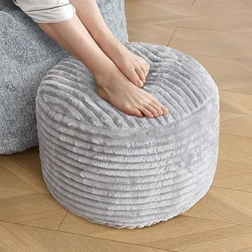 SHOUREN Stuffed Round Pouf Ottoman,Corduroy Foot Rest with Shredded Foam Filling, Lightweight and Fluffy Pouf Storage Ottoman for Living Room,Floor Poufs for Couch,20"x 17",Light Grey