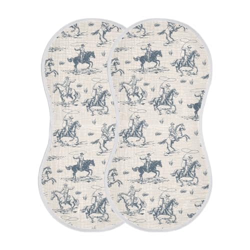 JHKKU Muslin Burp Cloths for Baby Boys and Girls - 2-Pack Ultra Absorbent Western Cowboy Muslin Washcloths, Newborn Towel, Milk Spit Up Rags, Burp Cloth Bibs for Unisex, 22 x 11 Inch