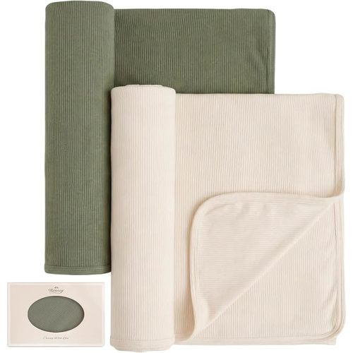 Konssy Knit Baby Blanket 2 Pack, Soft Ribbed Swaddle Receiving Blankets for Boys & Girls, Lightweight Cozy Swaddling Wrap for Newborns, Infants, & Toddlers, 33x42 Inch (Beige, Sage)