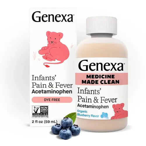Genexa Infants’ Clean Pain & Fever Acetaminophen, Dye Free, 0% Artificial Additives, Delicious Organic Blueberry Flavor, Liquid Oral Suspension Medicine for Baby, 160 mg per 5mL, 2 fl oz