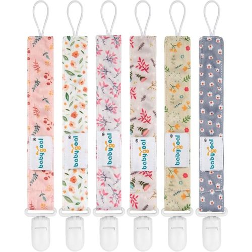 babygoal Floral Pacifier Clips, 6 Pack Binky Paci Holder Clips Leashes Fits for Most Baby Pacifiers and Binkies