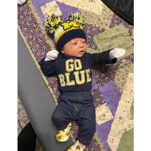 GO BLUE Michigan inspired baby Onesie® baby bodysuit, Block "M" on tush, M on bum, future wolverine Onesie®, university of Michigan Onesie®