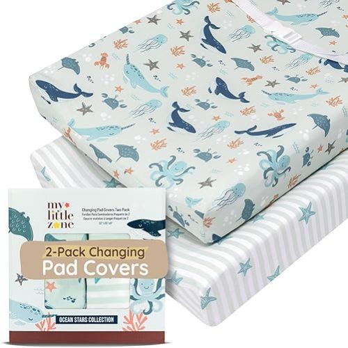 Baby Changing Pad Covers Girl 32"x16", 8" Deep Pocket - Diaper Changing Pad Cover Nautical, 100% Cotton Ocean Whale Diaper Change Table Sheet for Girl & Boy, 2 Pack, Designed in France, Teal-White