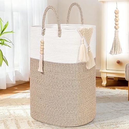 65L Woven Laundry Basket for Clothes, Large Rectangle Laundry Hampers with Beads Tassel, Nursery Storage Basket for Toys, Tall Dirty Clothes Hamper for Bedroom Aesthetic, Laundry Room Organization