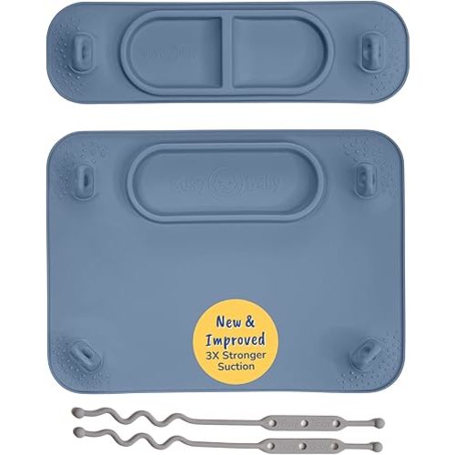 BUSY BABY Silicone Mat Bundle - 1 Original Mat Plus 1 Mini Mat, New Stronger Suction Cups, 6 Straps to Secure Baby Essentials and Keep Them Off The Floor, Baby Led Weaning, Wet Bag Included (Pewter)