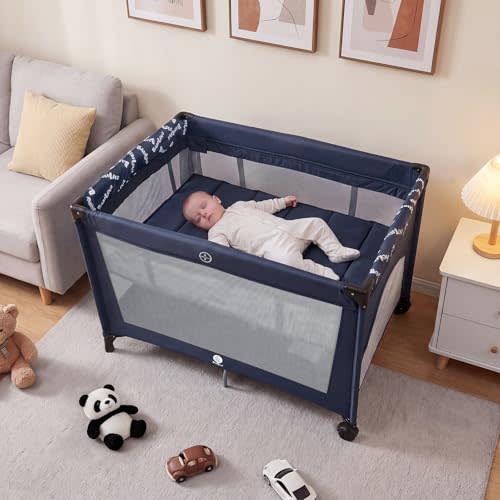 Babilous Pack and Play Baby Bassinet, Portable Baby Crib with Wheels, Blue | 3-in-1 Baby Bassinet, Portable& FoldableTravel crib, Easy Storage &Carry, Comfort Mattress, Compact Space, Mini Small Size