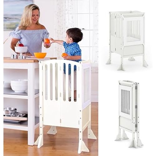 Guidecraft Contemporary Kitchen Helper® Stool with 2 Keepers- Ivory: Foldable, Adjustable Height, Wooden Step Stool Tower for Toddlers | Little Kids Safety Learning Furniture