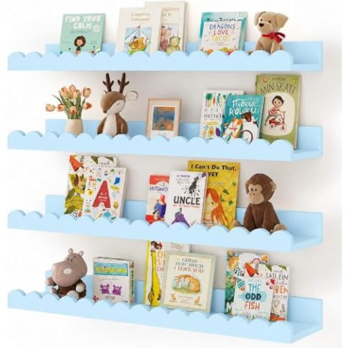 Shario Nursery Book Shelves, 4-Pack White Floating Shelves for Wall Kids, Scalloped Shelves, Wall Book Shelves for Bedroom Kids, Toddler Room, Baby Room, Nursery Decor(Blue, 23 Inches)