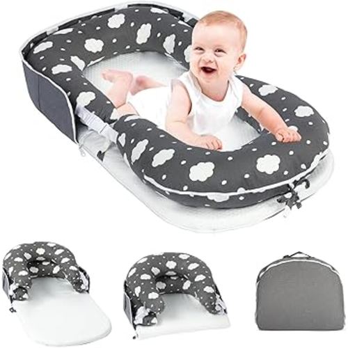 Portable Baby Lounger & Tummy Time with Zip-Up Carry Bag, Infant Support Cushion for Newborns to Toddlers (Cloud)