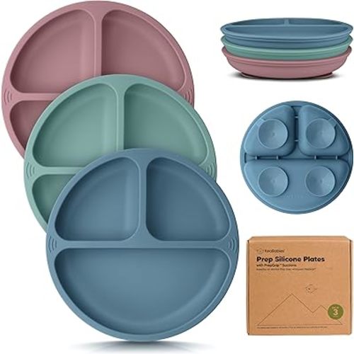 KeaBabies Suction Plates for Baby, Toddler - 3-Pack 100% Silicone Toddler Plates with Suction, Divided, BPA-Free Baby Led Weaning Essentials for Kids, Dishwasher, Microwave Safe, Durable (Quantum)