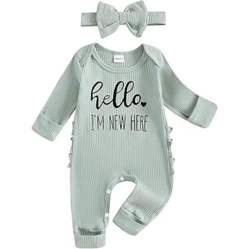 FIOMVA Im New Here Newborn Outfit Girl Long Sleeve Letter Romper Ribbed Knit Jumpsuit Baby Girl Preemie Coming Home Outfit