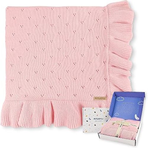 Ruffle Cotton Knitted Baby Blanket,Pink, Soft Pointelle, 40 x 31 in