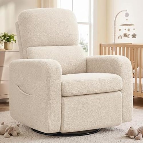 Swivel Rocker Recliner, Oversized Manual Boucle Nursery Glider Rocking Recliner Chair with Removable Cushion, Upholstered Teddy Swivel Reclining Chair for Nursery Living Room Bedroom, Apricot