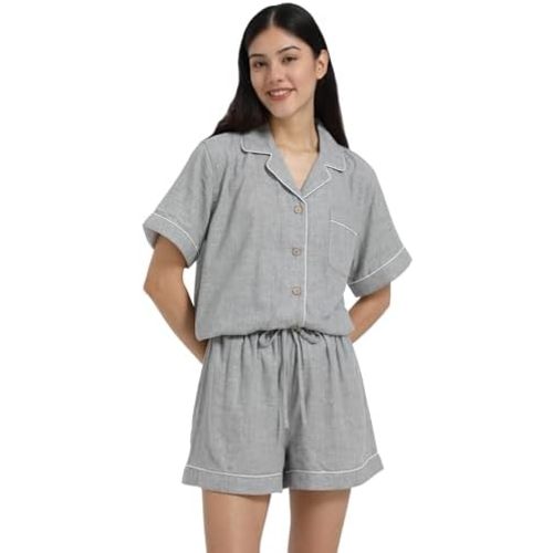 Womens Muslin Pajama Sets 100% Cotton Double Gauze Linen Like Short PJ