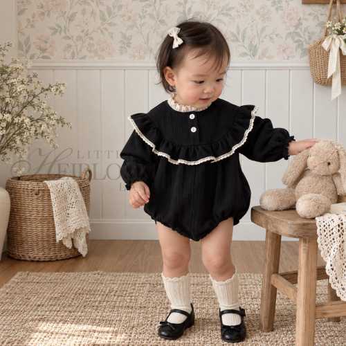 Black Cotton Baby Romper, Ruffle Lace Collar, Bubble Bodysuit (Fall Winter)