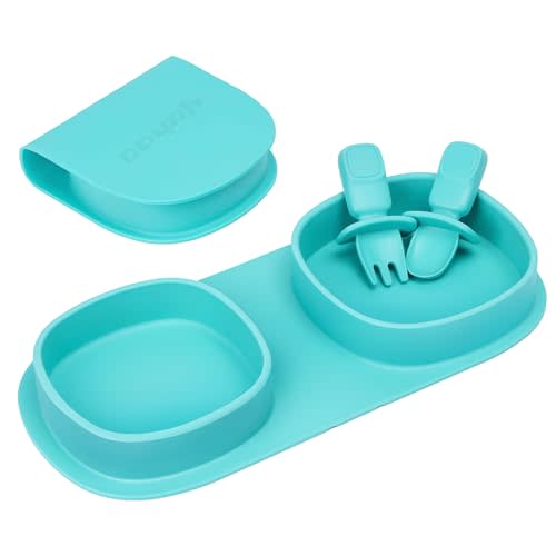 yahaa Silicone Foldable Novelty Dinner Plates,Baby Plates Travel Essential with Forks and Spoons,Microwave & Dishwasher Safe,Aqua