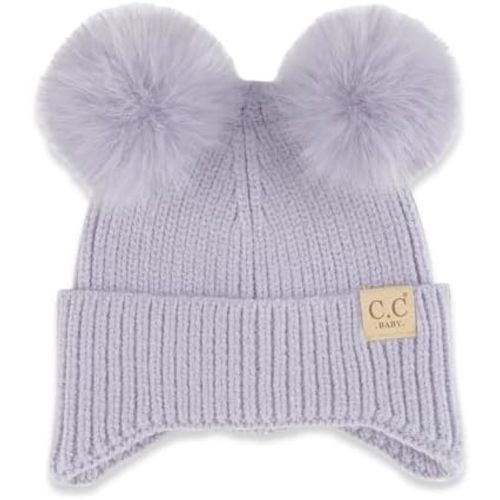 C.C Baby Double Fur Pom Pom Beanie with Ear Flap for Boys Girls - Comfortable Soft Warm Infant Toddler Baby Knit Skully Hat